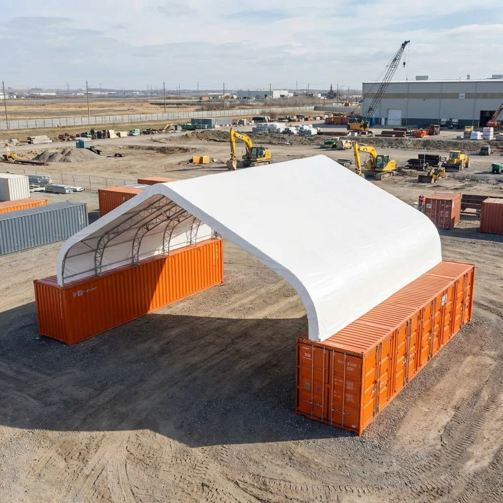 Aerial view of TMG-DT5040C 50' x 40' dual truss container shelter mounted on shipping containers