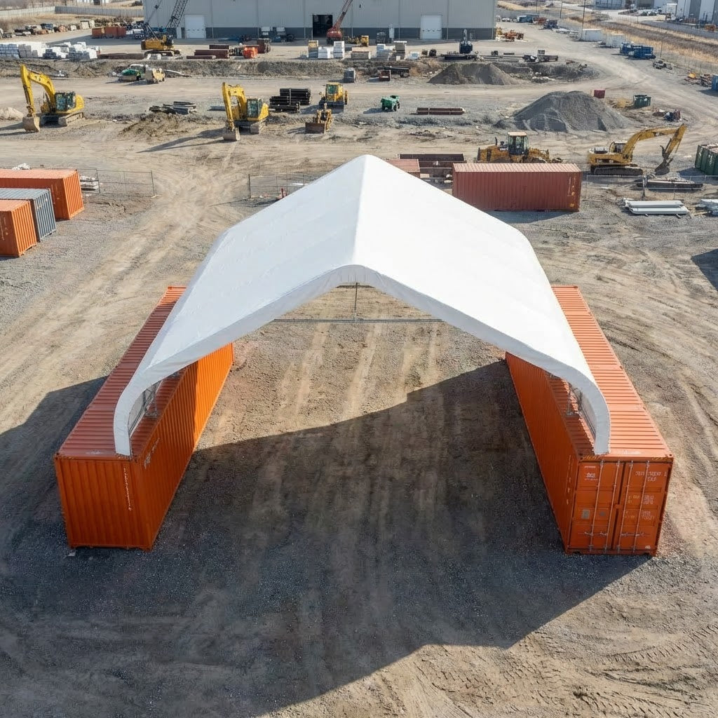 Front aerial view of TMG-DT5040C open-end container shelter with white PVC peak roof