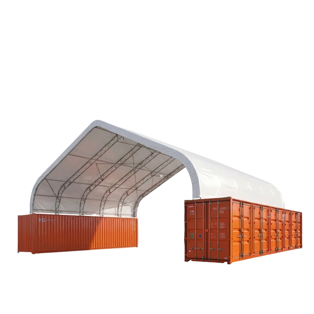 TMG-DT5040C Heavy Series 50' x 40' dual truss container shelter with white 32 oz PVC cover