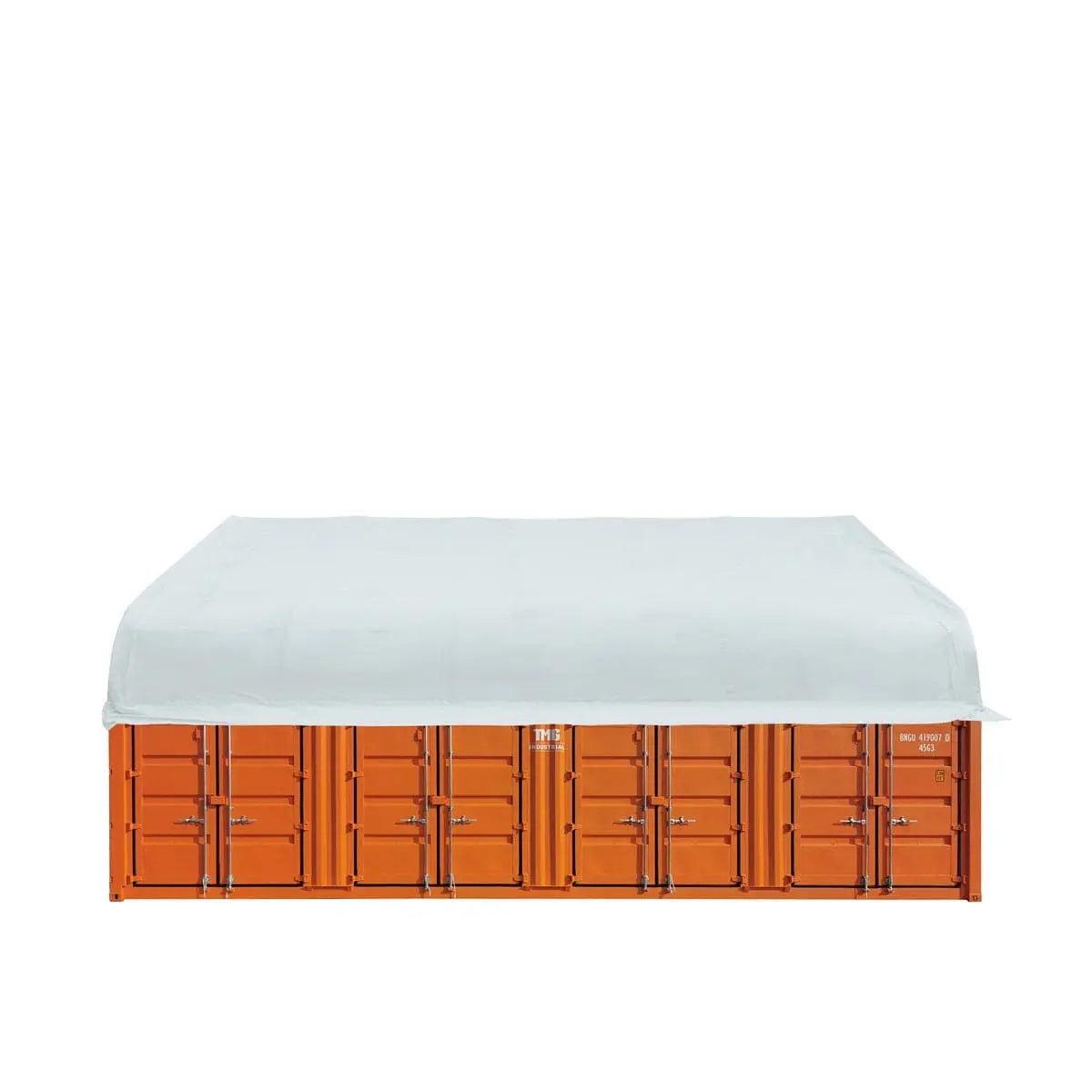 Side view of TMG-DT5040C container shelter with white PVC cover mounted on shipping containers