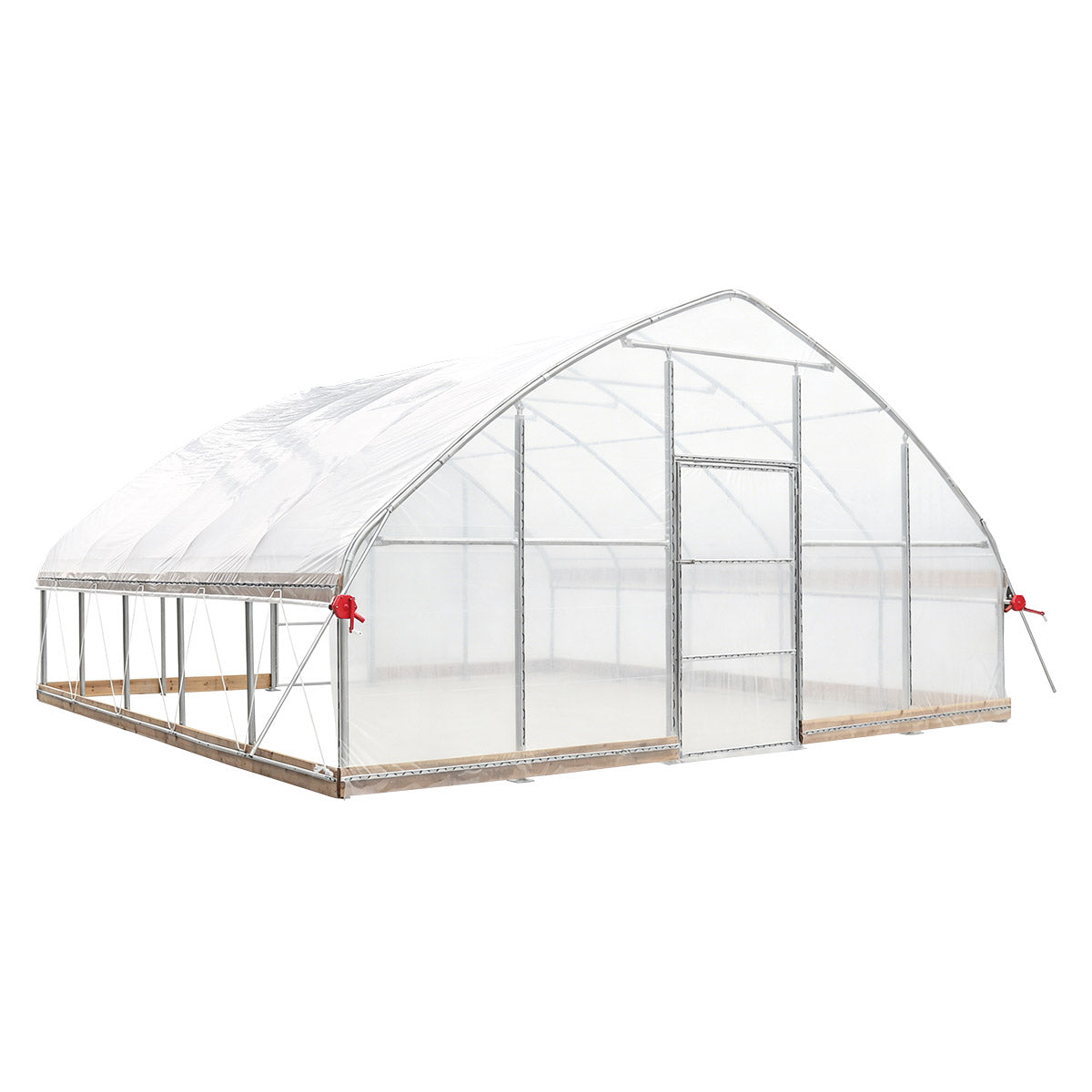Front left angle of TMG-GH2020-V2 greenhouse showing roll-up side windows and transparent cover