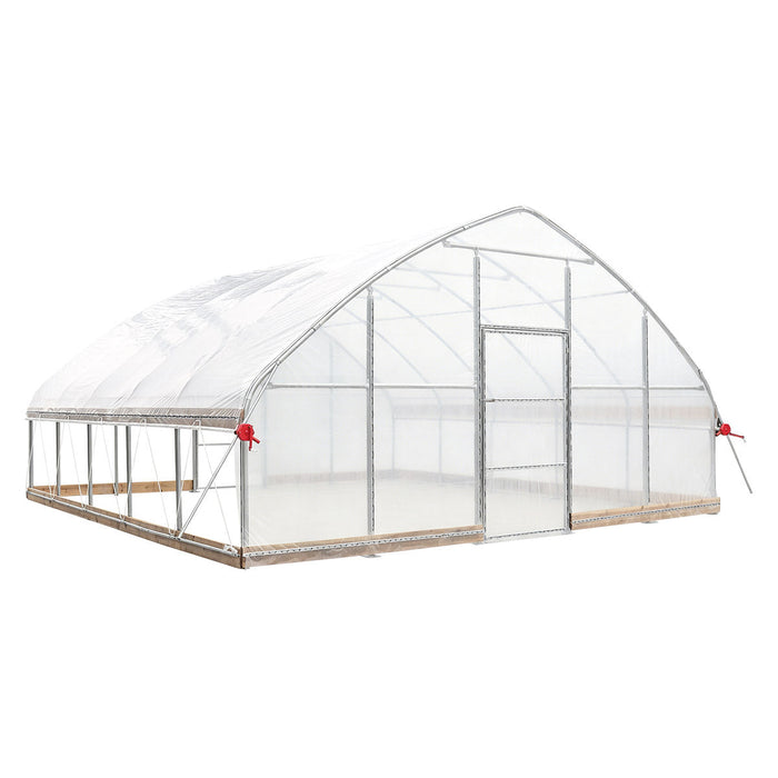 Front left angle of TMG-GH2020-V2 greenhouse showing roll-up side windows and transparent cover