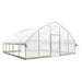Front left angle of TMG-GH2020-V2 greenhouse showing roll-up side windows and transparent cover