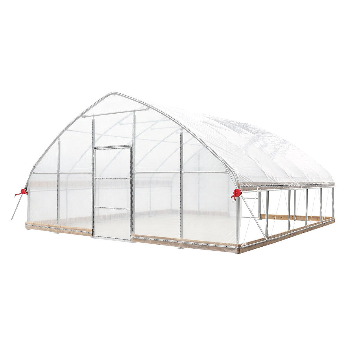 TMG-GH2020-V2 20 ft x 20 ft tunnel greenhouse with 12 mil ripstop leno cover, front right angle