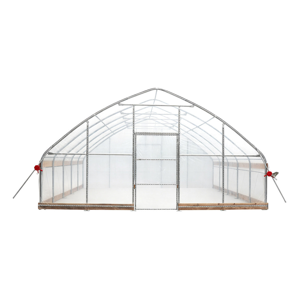 Front view of TMG-GH2020-V2 tunnel greenhouse with peak roof, walk-through door, and clear leno cover