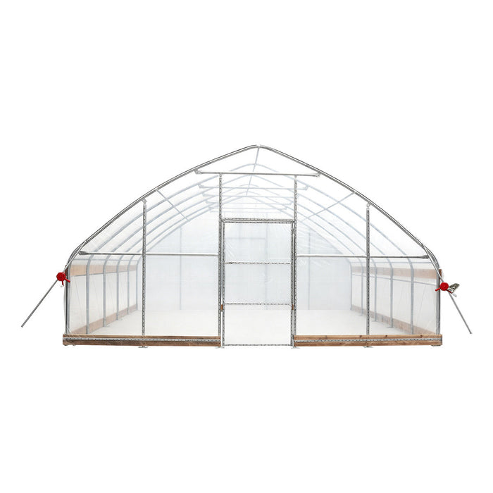 Front view of TMG-GH2020-V2 tunnel greenhouse with peak roof, walk-through door, and clear leno cover
