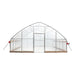 Front view of TMG-GH2020-V2 tunnel greenhouse with peak roof, walk-through door, and clear leno cover