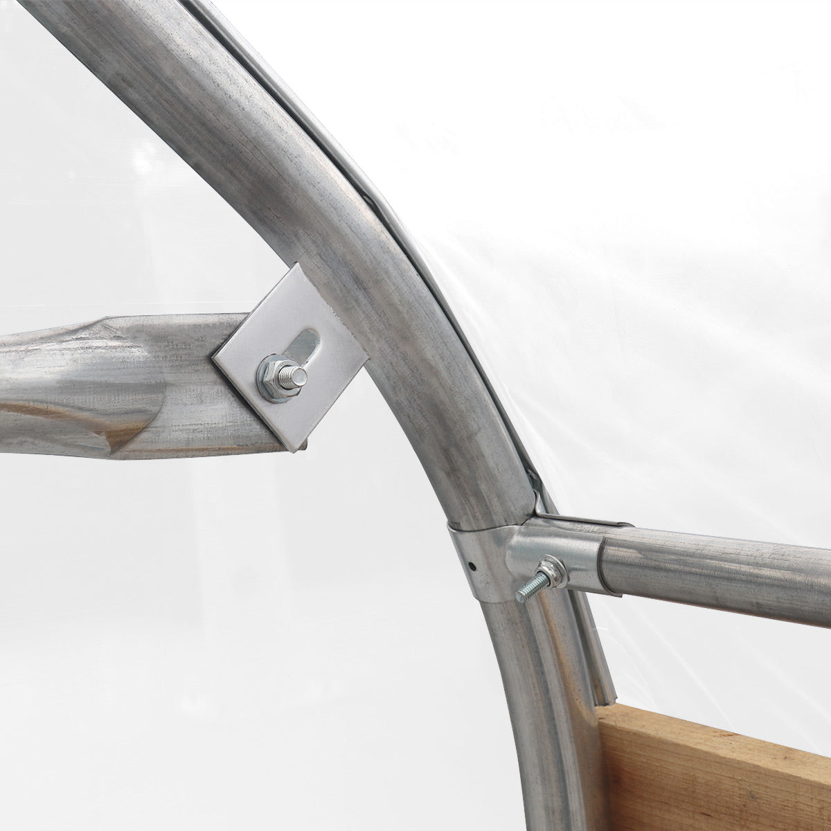 Galvanized arch bracket and purlin connection detail on the TMG-GH2020-V2 greenhouse