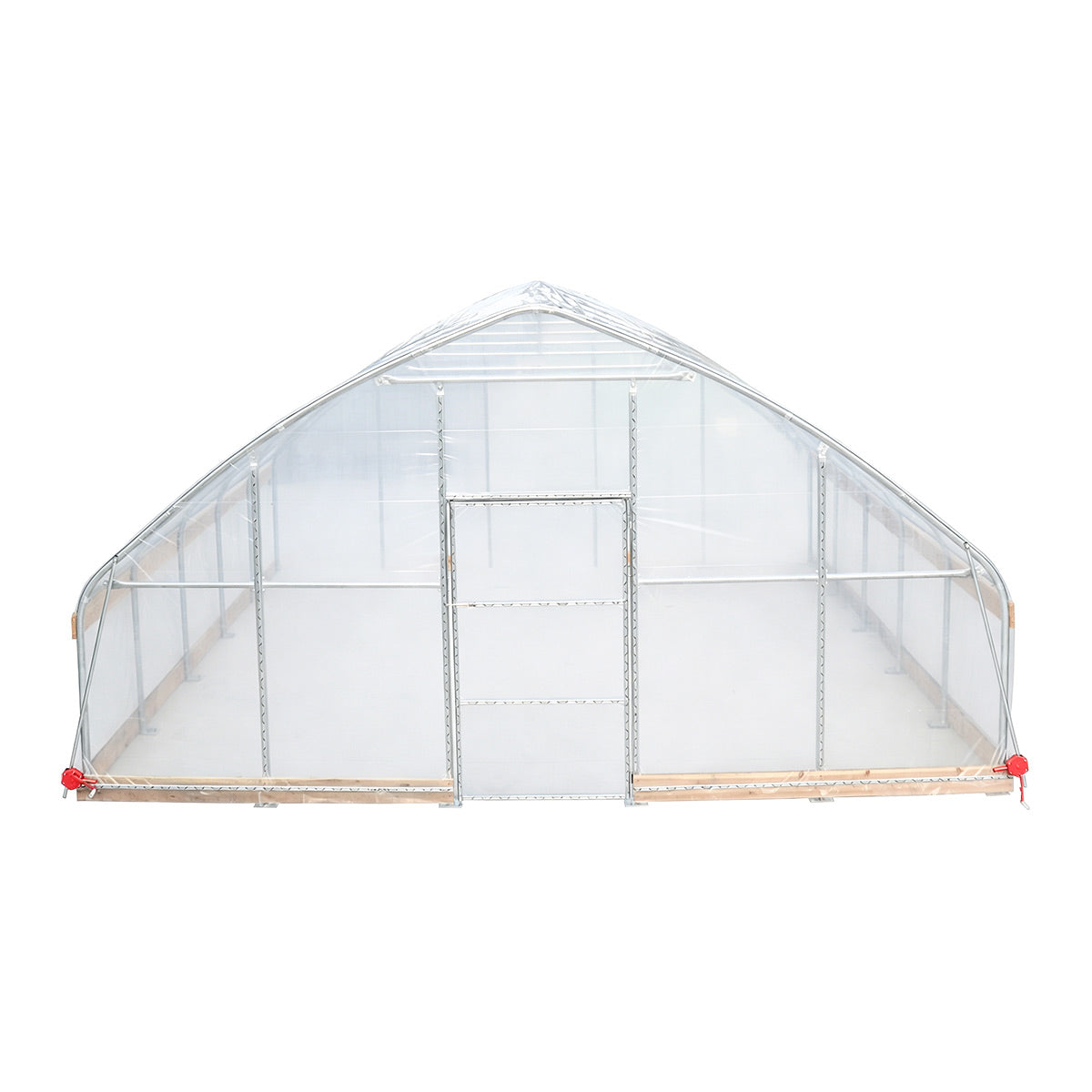 End wall view of TMG-GH2020-V2 greenhouse with peak roof and centered walk-through door