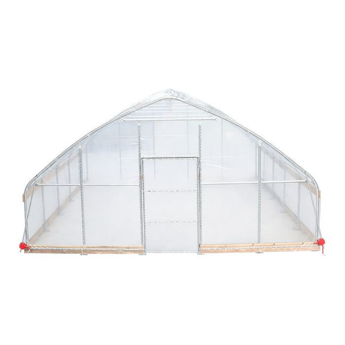End wall view of TMG-GH2020-V2 greenhouse with peak roof and centered walk-through door