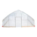 End wall view of TMG-GH2020-V2 greenhouse with peak roof and centered walk-through door