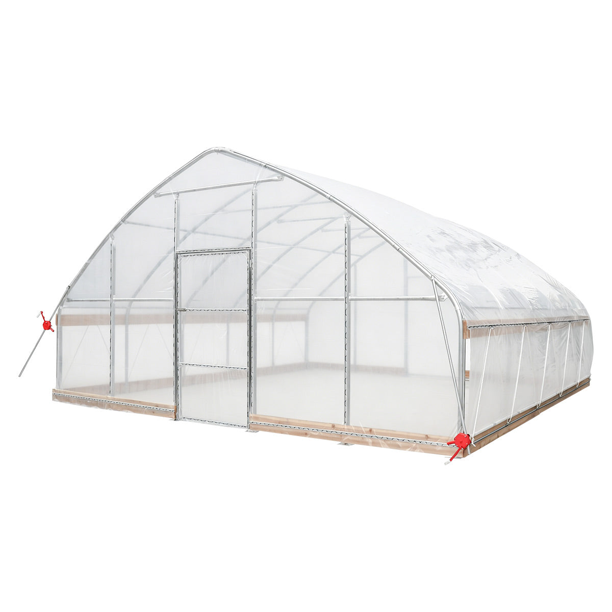 TMG-GH2020-V2 greenhouse with front door open and roll-up side window raised