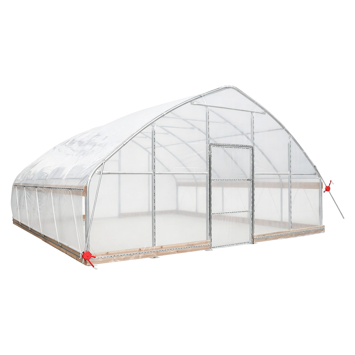 Front right view of TMG-GH2020-V2 greenhouse with walk-through door open