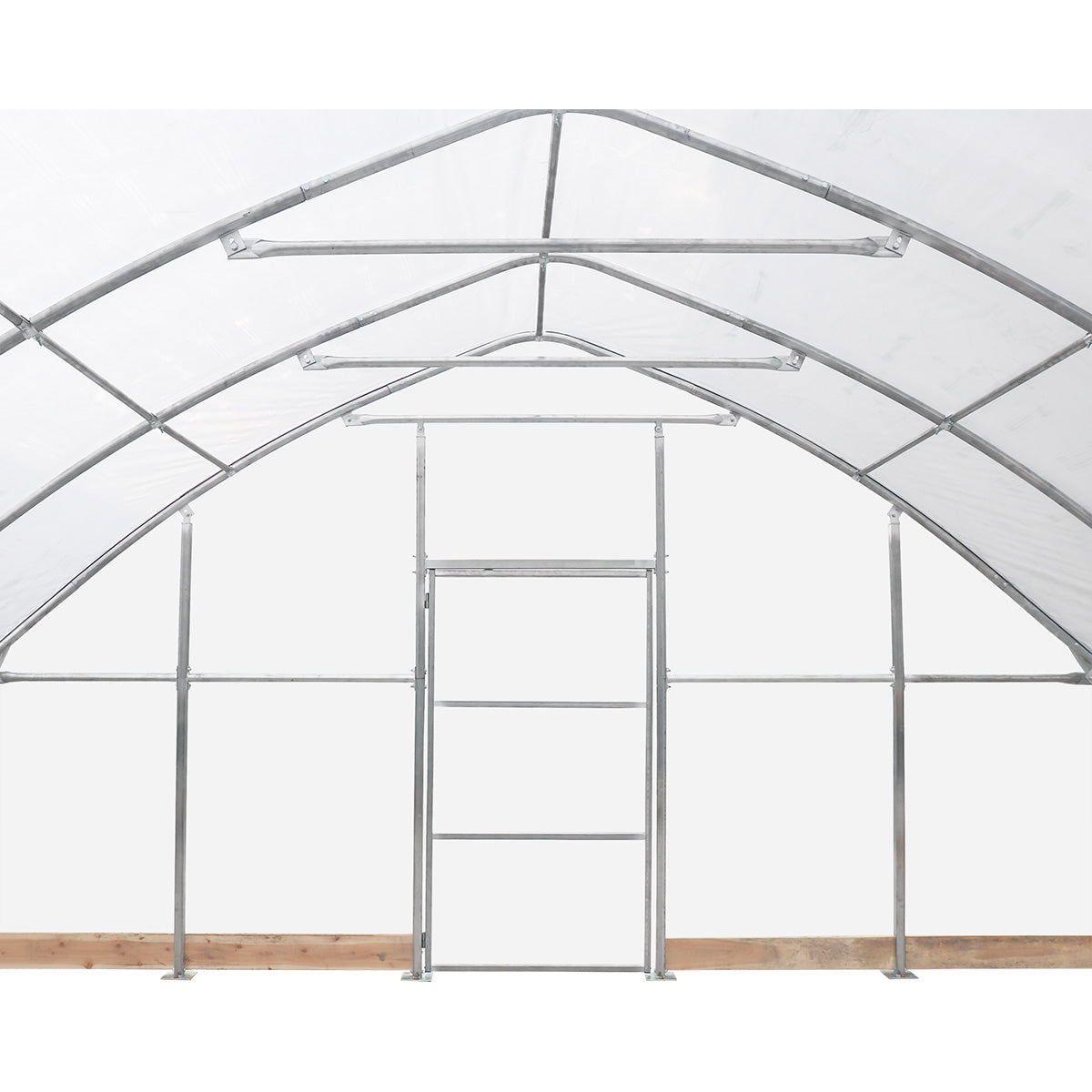 Interior galvanized steel frame of TMG-GH2020-V2 greenhouse with truss arches and purlins