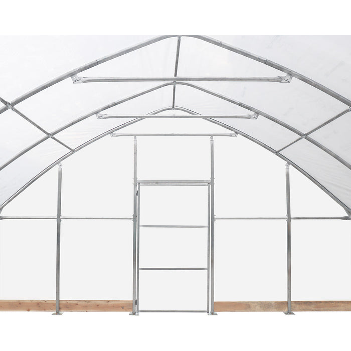 Interior galvanized steel frame of TMG-GH2020-V2 greenhouse with truss arches and purlins