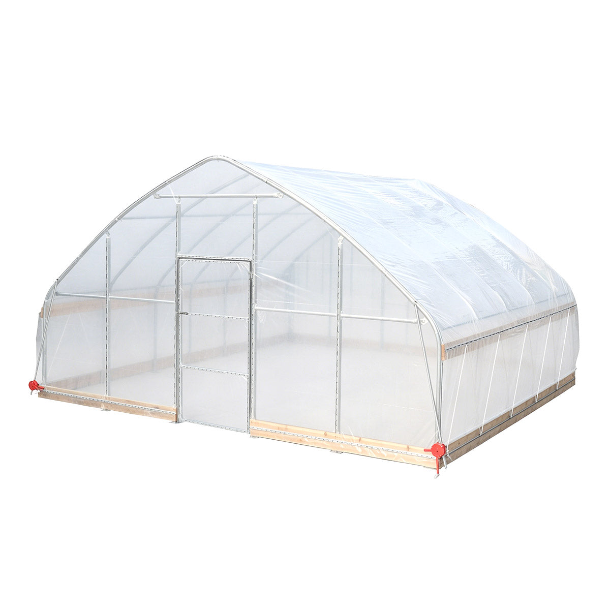 Rear angle of TMG-GH2020-V2 tunnel greenhouse showing clear cover and roll-up side ventilation