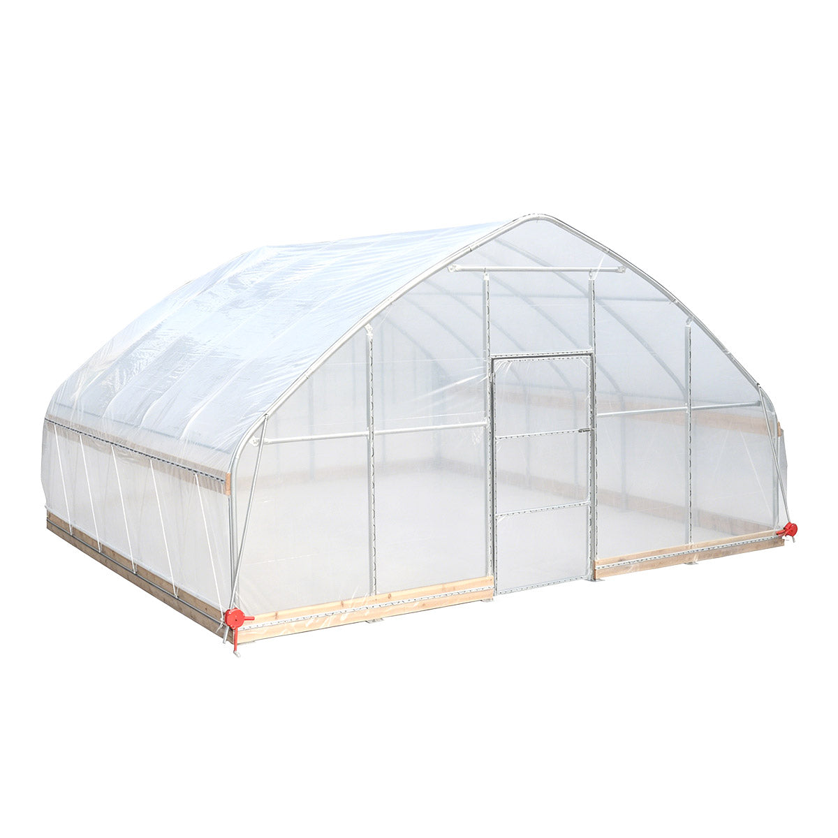 Opposite rear angle of TMG-GH2020-V2 greenhouse with galvanized frame and transparent cover
