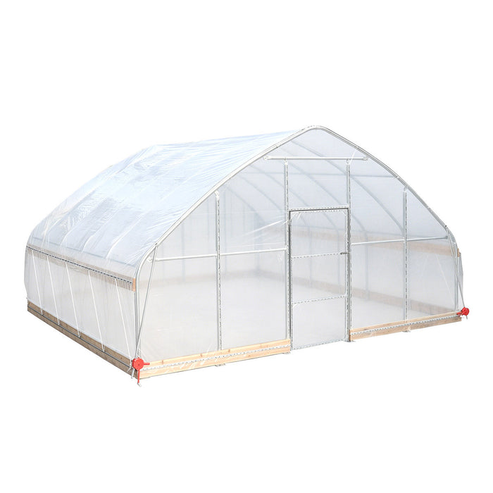 Opposite rear angle of TMG-GH2020-V2 greenhouse with galvanized frame and transparent cover
