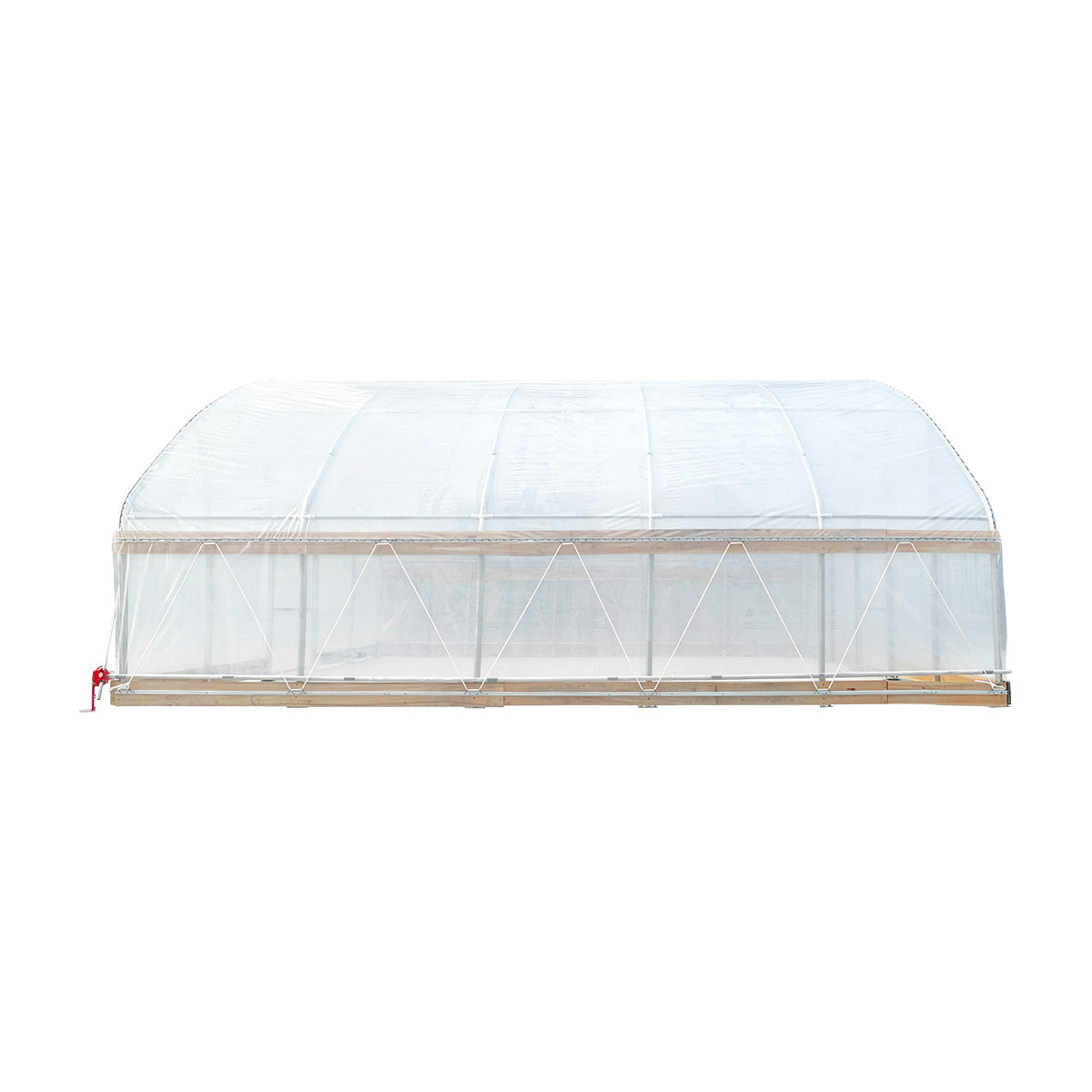 Side profile of TMG-GH2020-V2 greenhouse with straight sidewalls and transparent leno cover