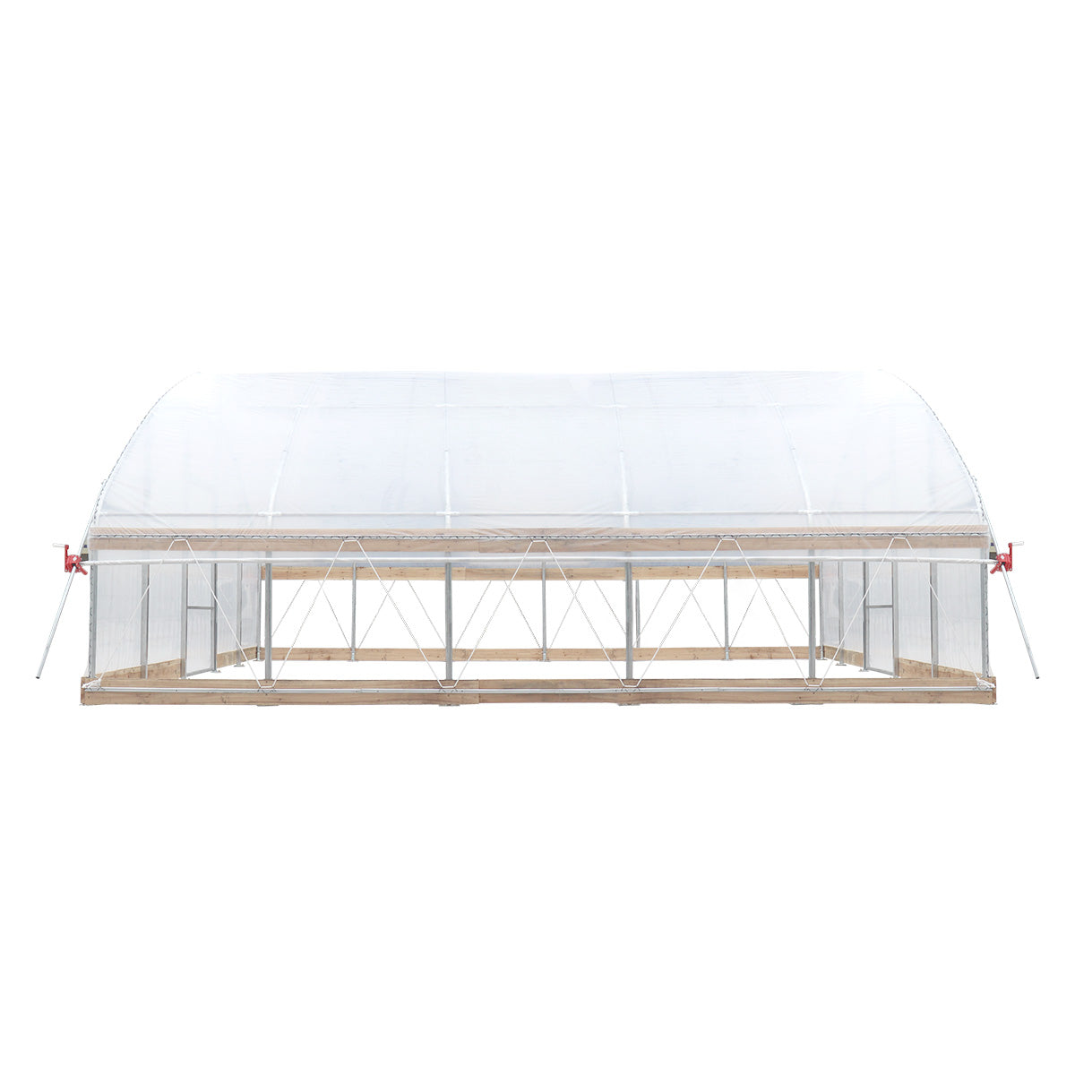 Side view of TMG-GH2020-V2 greenhouse with long roll-up mesh ventilation wall