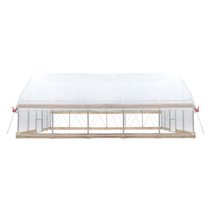 Side view of TMG-GH2020-V2 greenhouse with long roll-up mesh ventilation wall