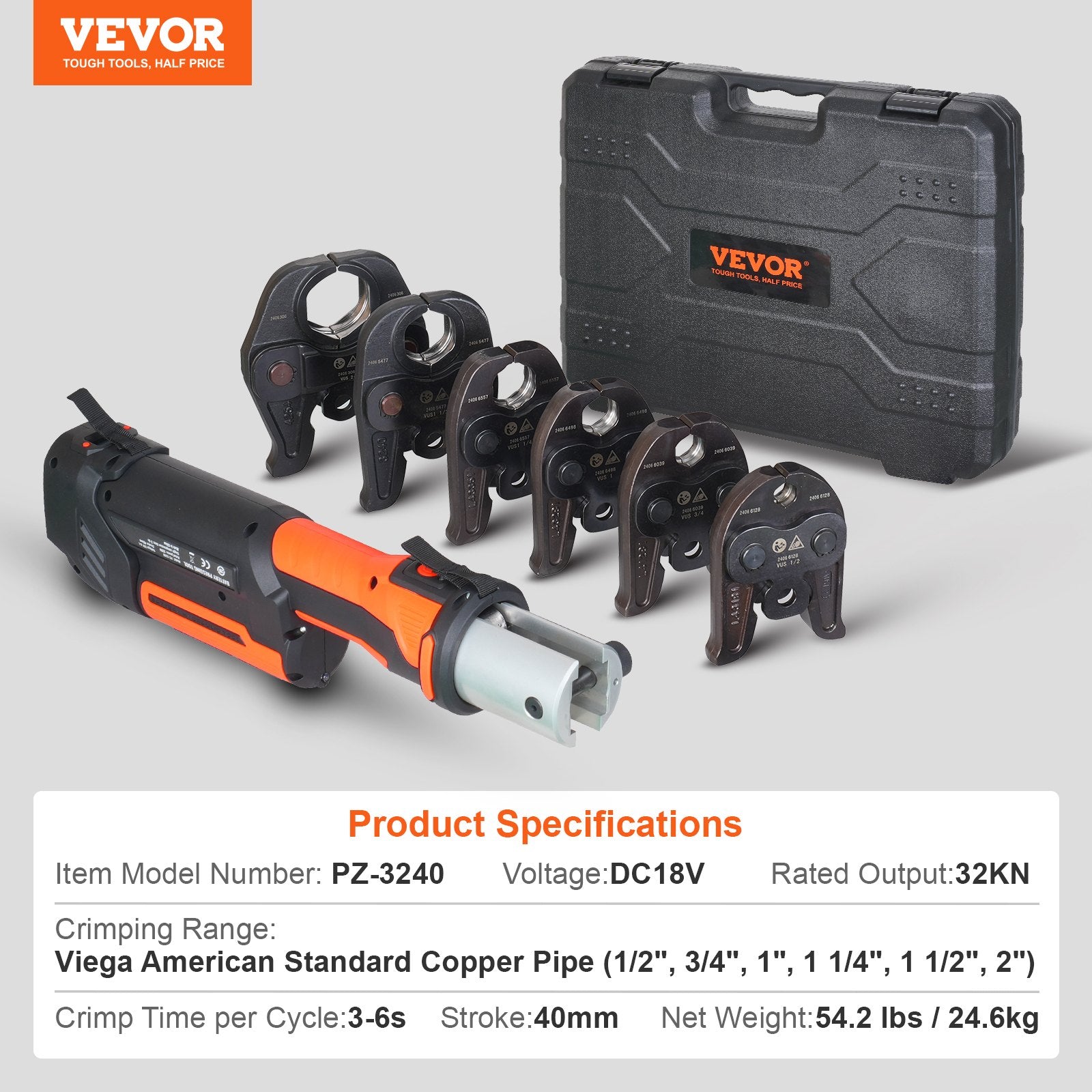 Pro Press Tool Pipe Crimping Kit, Cordless Battery Press Tool with 6 Interchangeable Jaws, DOBA-PPT6-specifications-image