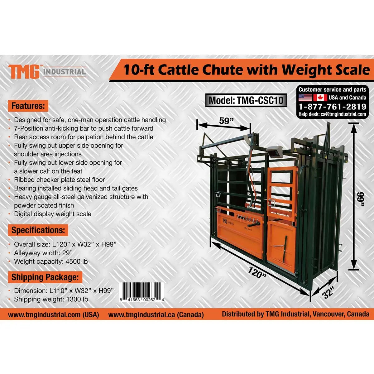 TMG Industrial 10’ Cattle Work Chute 4500-lb Weight Scale, Side Exit, Upper/Lower Swing Openings, LCD Weight Display, TMG-CSC10