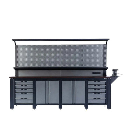 TMG Industrial 10’ Extreme-Duty Steel Garage Workbench w/Pegboards and 4" Bench Vice, Adjustable Shelving, Power Outlets, USB Port, Magnetic Motion LED Lamps, TMG-WBC10