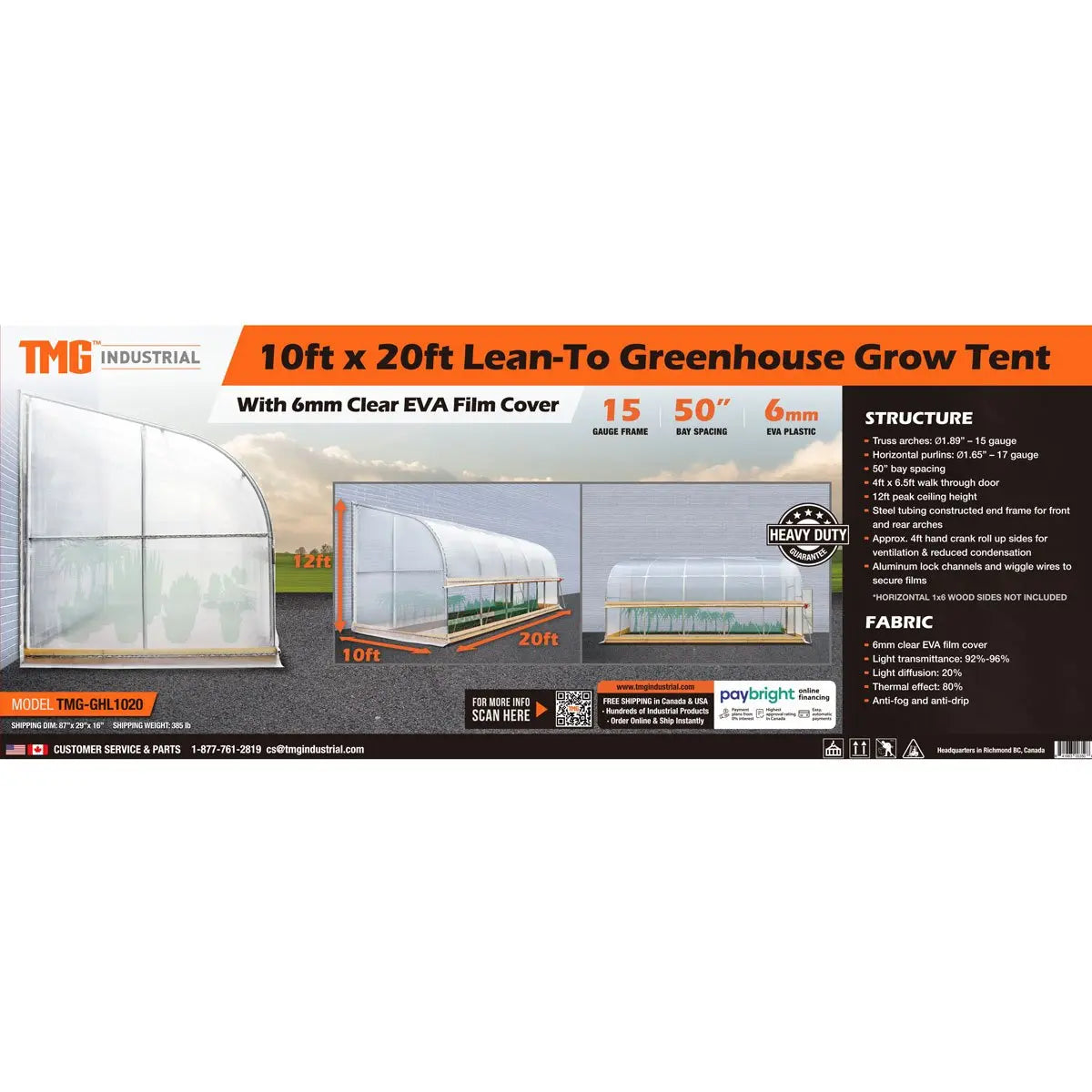 TMG 10' x 20' Lean-To Greenhouse with Clear Film & Roll-Up Sides