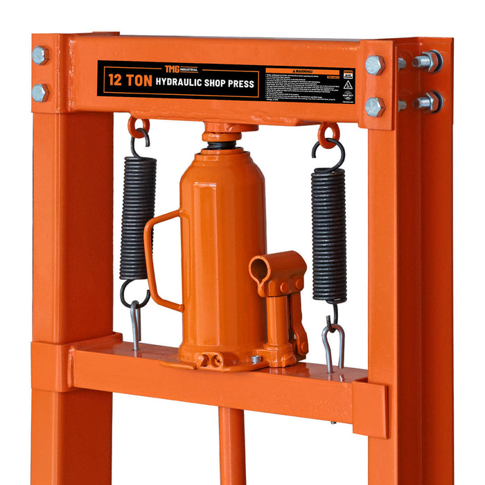 TMG Industrial 12 Ton Capacity Hydraulic Shop Press, H-Frame, Hand Crank Bottle Jack Pressing, 8 Bed Height Positions, TMG-ASP12
