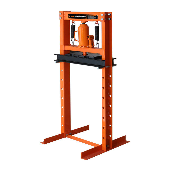 TMG Industrial 12 Ton Capacity Hydraulic Shop Press, H-Frame, Hand Crank Bottle Jack Pressing, 8 Bed Height Positions, TMG-ASP12