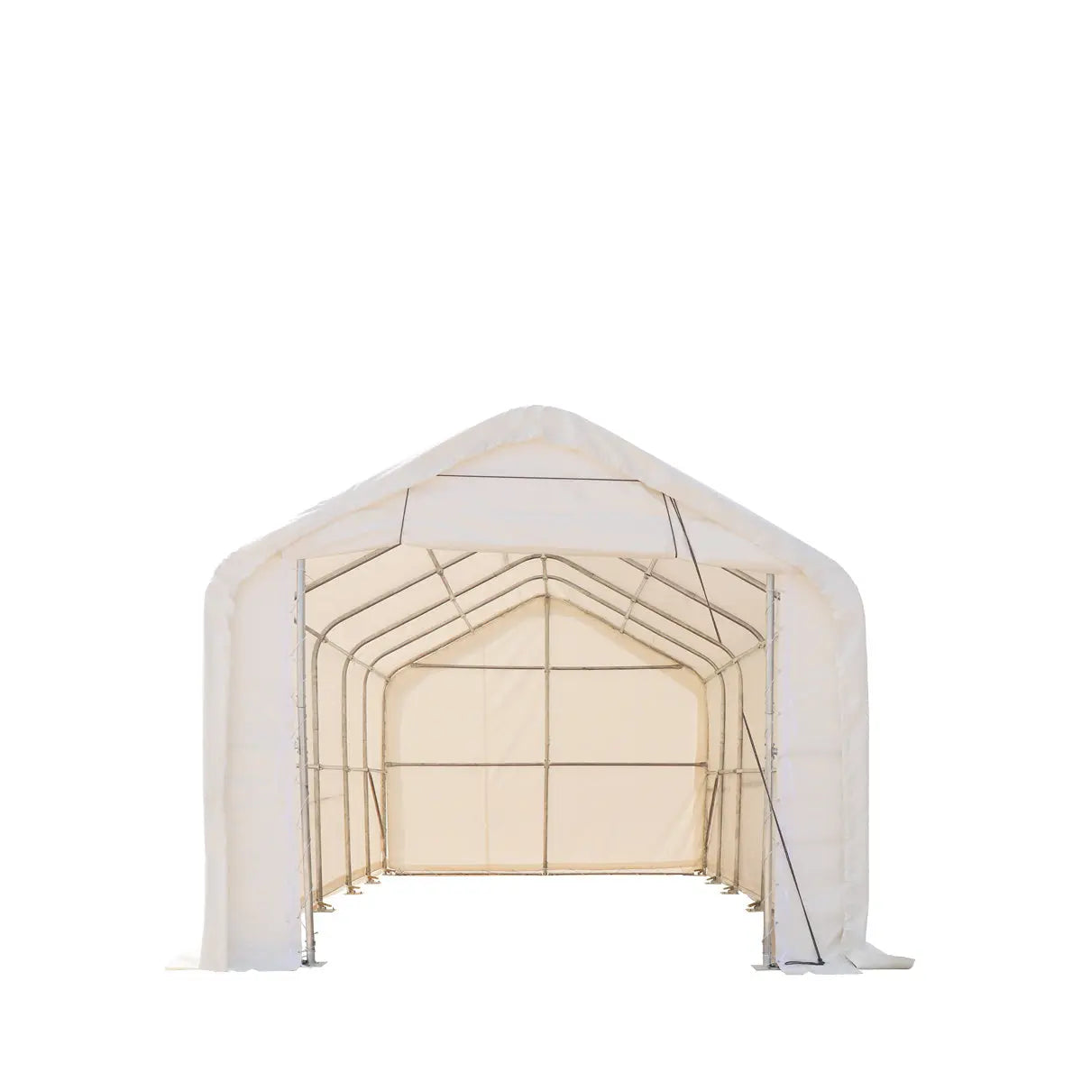 TMG Industrial 15’ x 25’ RV/Motorhome Storage Shelter, 17 oz PVC Fabric Cover, Front Roll-Up Door, Enclosed Rear Wall, 3-Layer Galvanized Steel Frame, 10’ Straight Sidewalls, TMG-ST1525