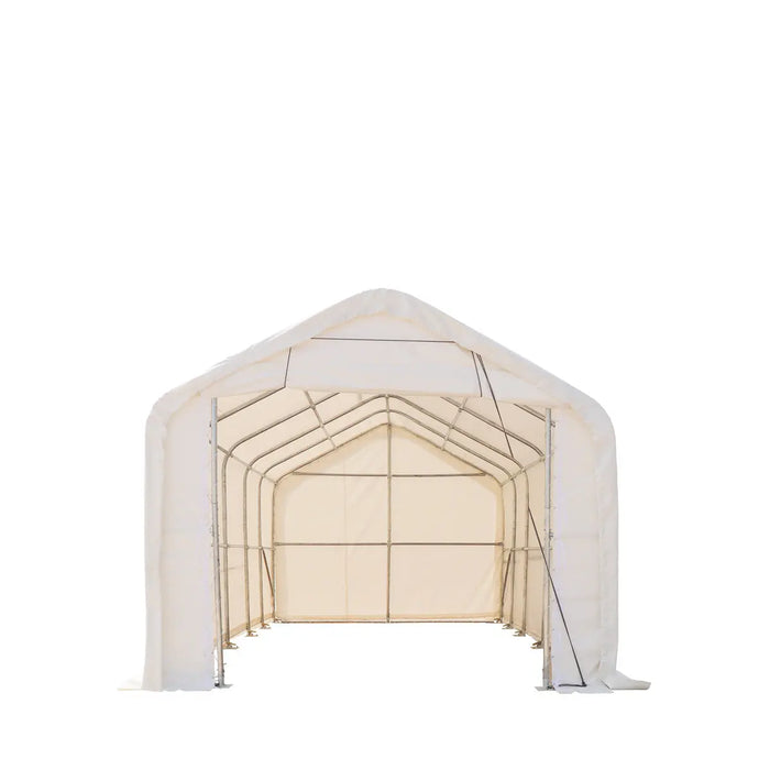 TMG Industrial 15’ x 25’ RV/Motorhome Storage Shelter, 17 oz PVC Fabric Cover, Front Roll-Up Door, Enclosed Rear Wall, 3-Layer Galvanized Steel Frame, 10’ Straight Sidewalls, TMG-ST1525