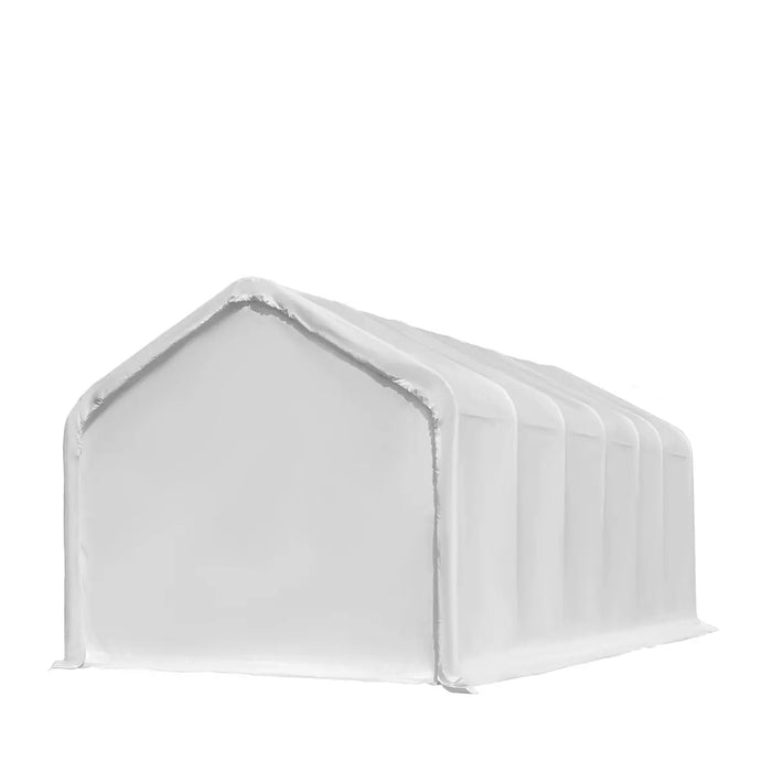 TMG Industrial 18’ x 30’ RV/Motorhome Storage Shelter, 17 oz PVC Fabric Cover, Front Roll-Up Door, Enclosed Rear Wall, 3-Layer Galvanized Steel Frame, 13’ Straight Sidewalls, TMG-ST1830