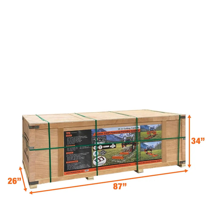 TMG Industrial 26" Portable Sawmill, 14 HP Kohler Engine, 21" Board Width, 11' Log Length, 14' Track Bed, TMG-PSM26
