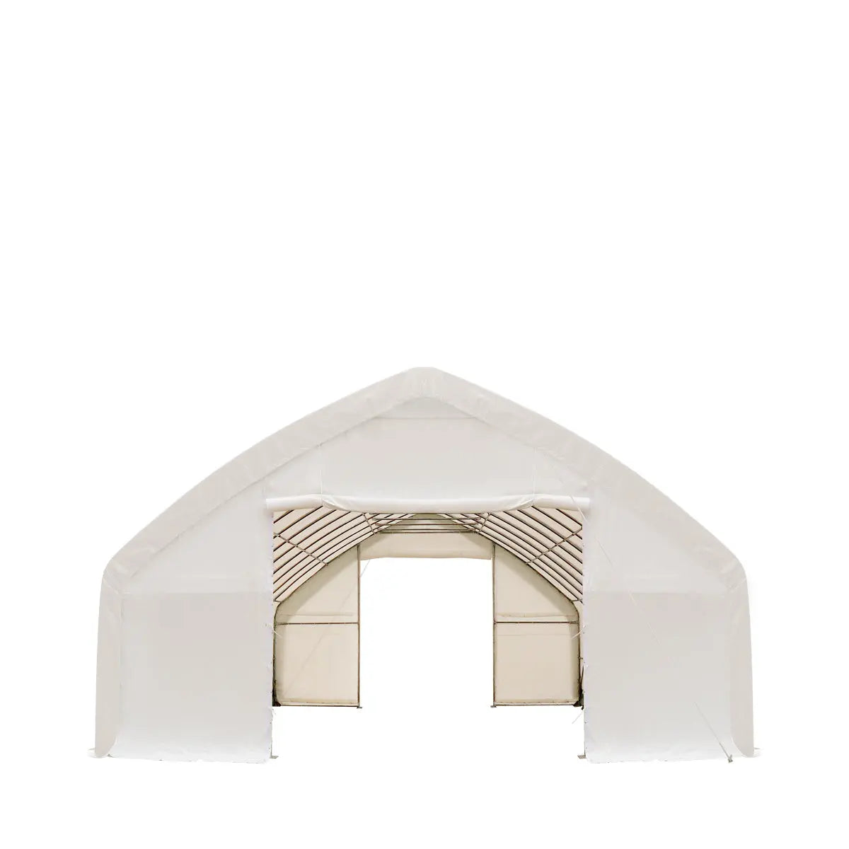 TMG Industrial 30' x 50' Straight Wall Peak Ceiling Storage Shelter with Heavy Duty 17 oz PVC Cover & Drive Through Doors, TMG-ST3050V