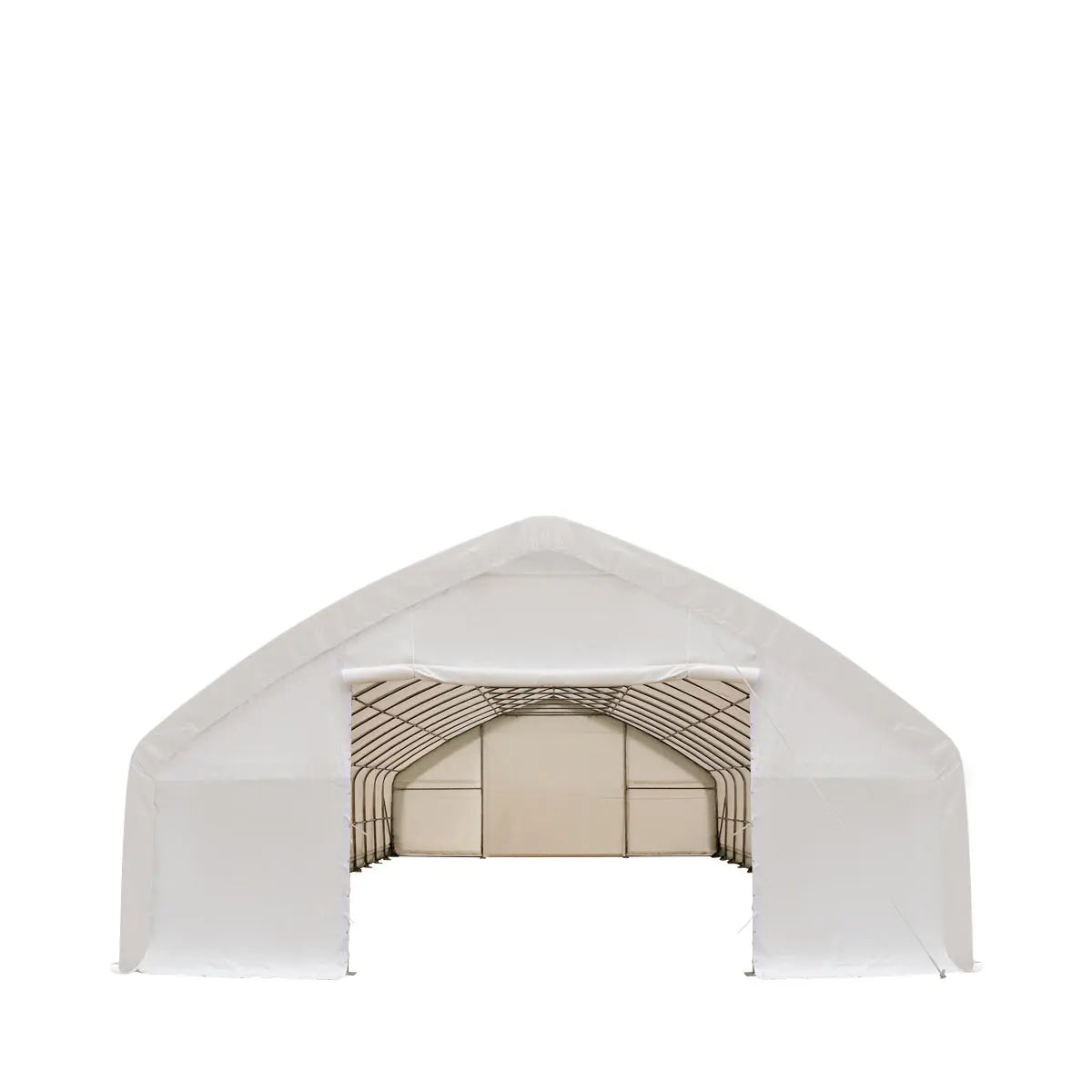 TMG Industrial 30' x 70' Straight Wall Peak Ceiling Storage Shelter with Heavy Duty 17 oz PVC Cover & Drive Through Doors, TMG-ST3070V