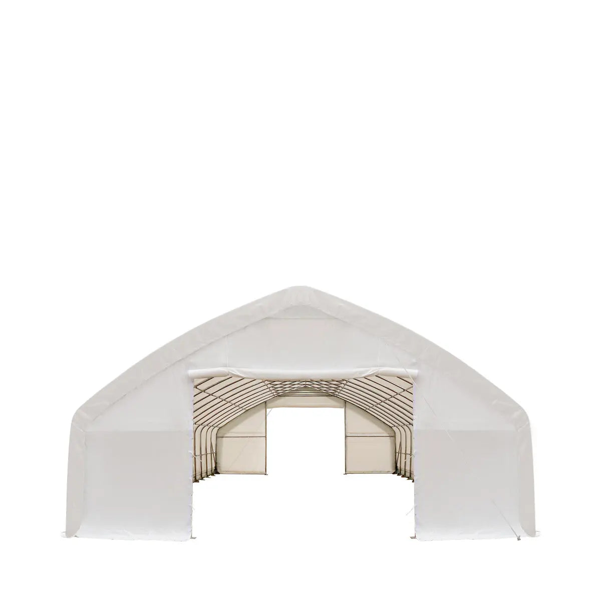 TMG Industrial 30' x 70' Straight Wall Peak Ceiling Storage Shelter with Heavy Duty 17 oz PVC Cover & Drive Through Doors, TMG-ST3070V