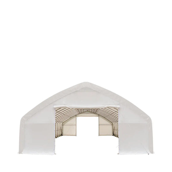 TMG Industrial 30' x 70' Straight Wall Peak Ceiling Storage Shelter with Heavy Duty 17 oz PVC Cover & Drive Through Doors, TMG-ST3070V