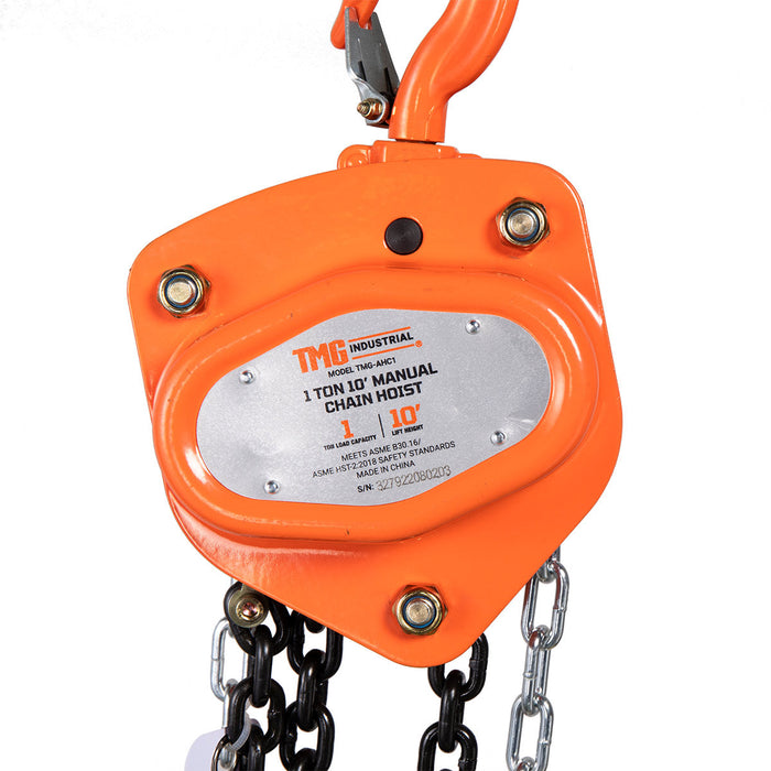 TMG Industrial 1 Ton 10' Lift Chain Hoist, 360° Swivel Hook, ASME B30.16, TMG-AHC1