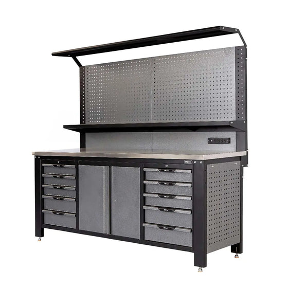 TMG Industrial 7’ Extreme Duty Steel Garage Workbench w/Pegboards, Adjustable Shelving, Power Outlets, USB Port, Magnetic Motion LED Lamps, TMG-WBC07 (Copy)