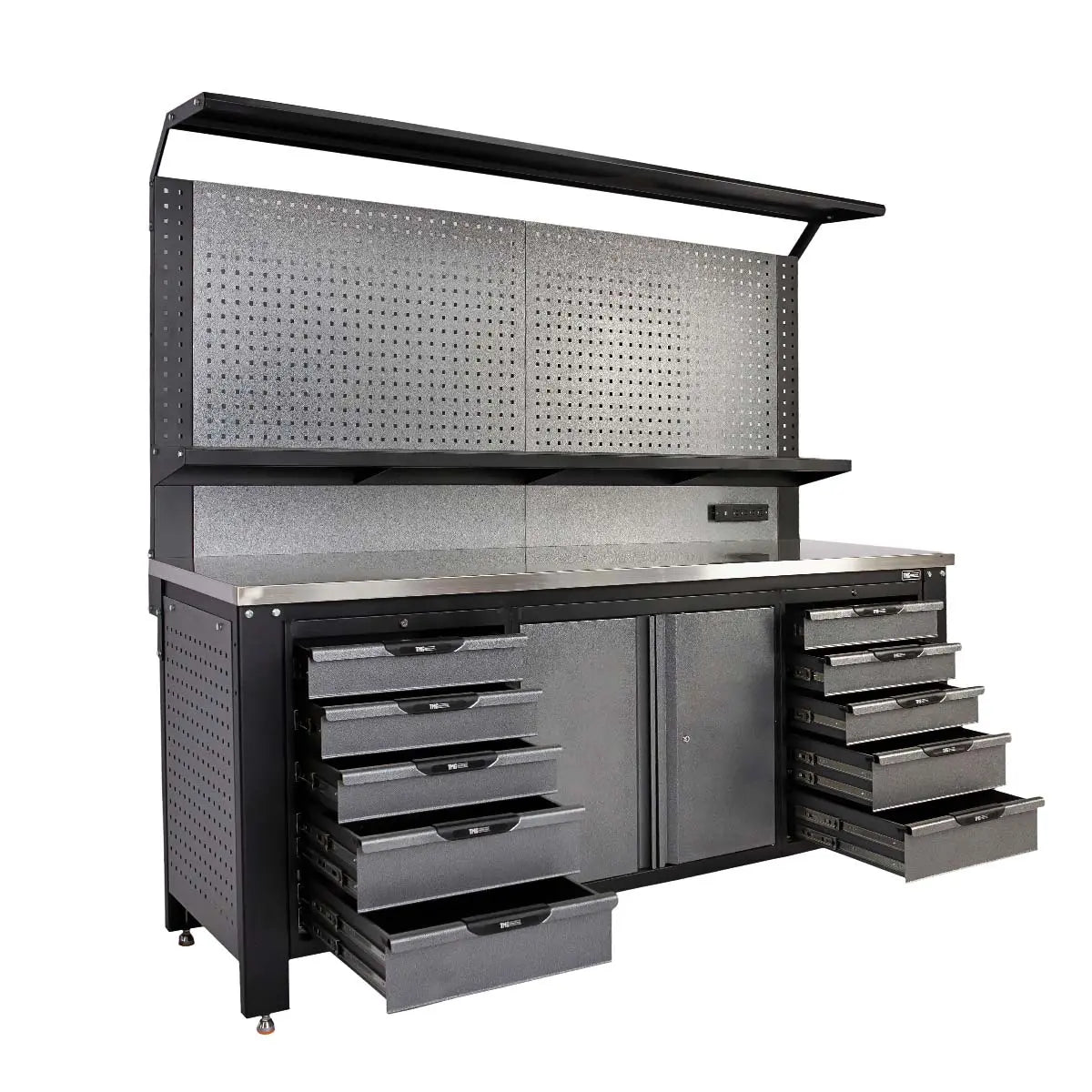 TMG Industrial 7’ Extreme Duty Steel Garage Workbench w/Pegboards, Adjustable Shelving, Power Outlets, USB Port, Magnetic Motion LED Lamps, TMG-WBC07 (Copy)