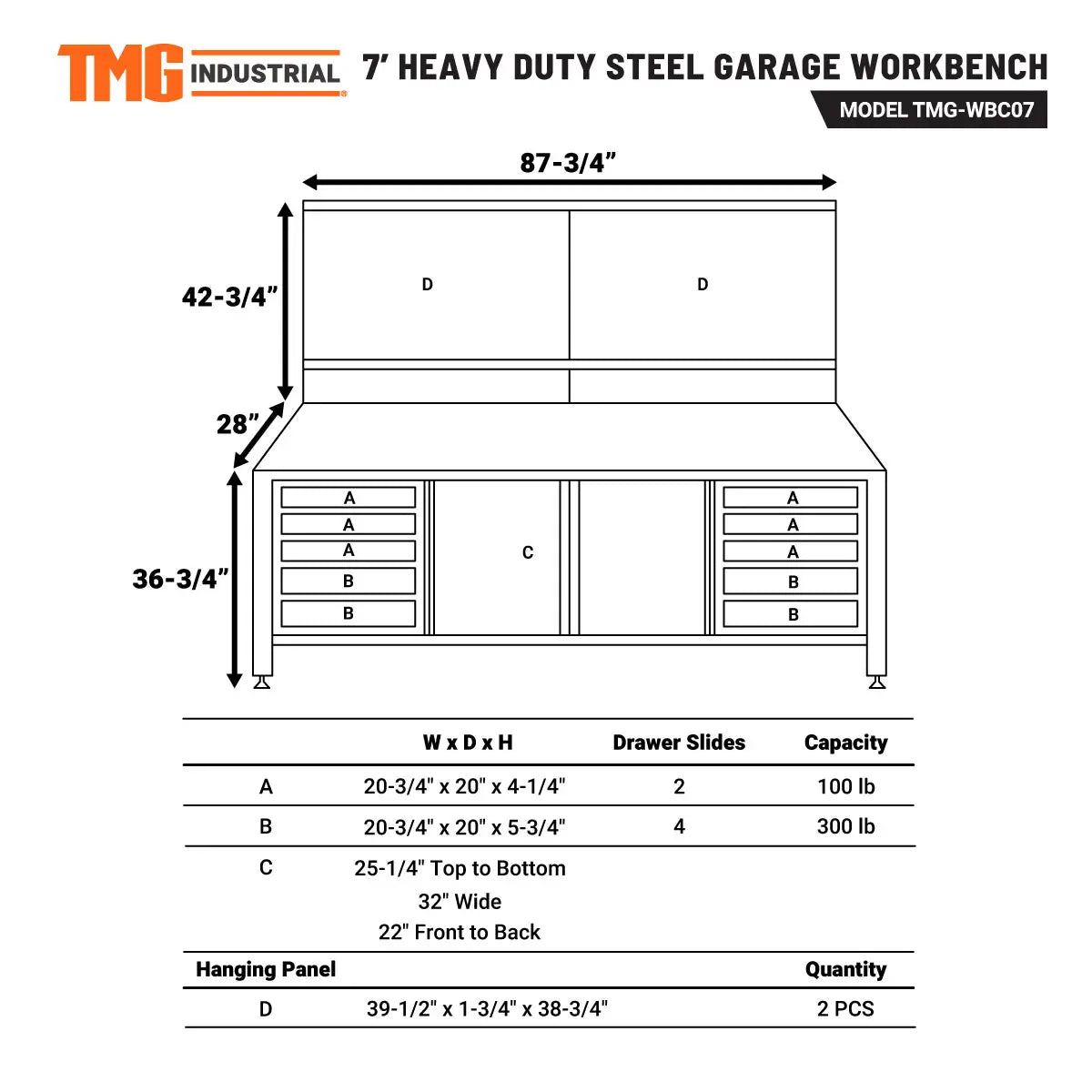 TMG Industrial 7’ Extreme Duty Steel Garage Workbench w/Pegboards, Adjustable Shelving, Power Outlets, USB Port, Magnetic Motion LED Lamps, TMG-WBC07 (Copy)