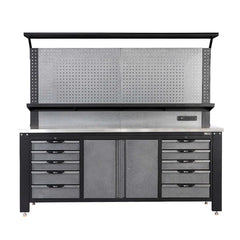 7’ Extreme Duty Steel Garage Workbench w/Pegboards, Adjustable Shelving, Power Outlets, USB Port, Magnetic Motion LED Lamps, TMG-WBC07
