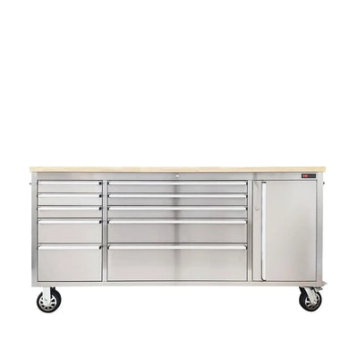 TMG Industrial 72” Stainless Steel Rolling Workbench, Rubberwood Tabletop, Lockable Drawers and Cabinet, Locking Wheels, TMG-WB7210S
