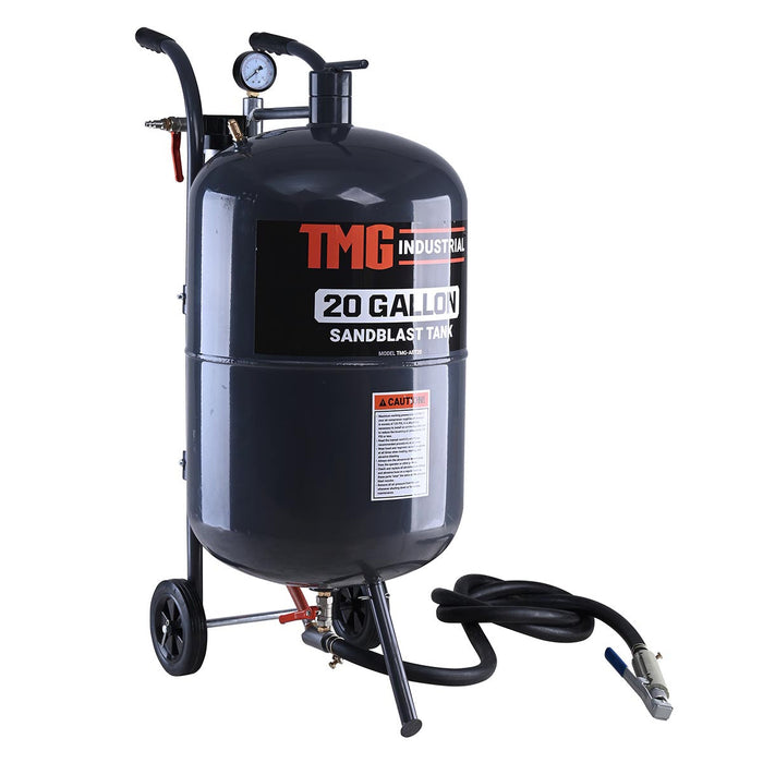 TMG Industrial 20 Gallon Portable Sandblaster, 125 PSI, 25 CFM, 8’ Hose, 5” Rubber Wheels, Filling Funnel, TMG-ABT20
