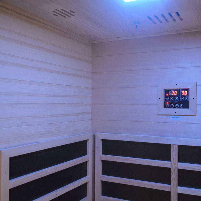 TMG LIVING Two Person Indoor Infrared Sauna Room, Natural Canadian Hemlock, Bluetooth Speakers, Tempered Glass Door, TMG-LSN20