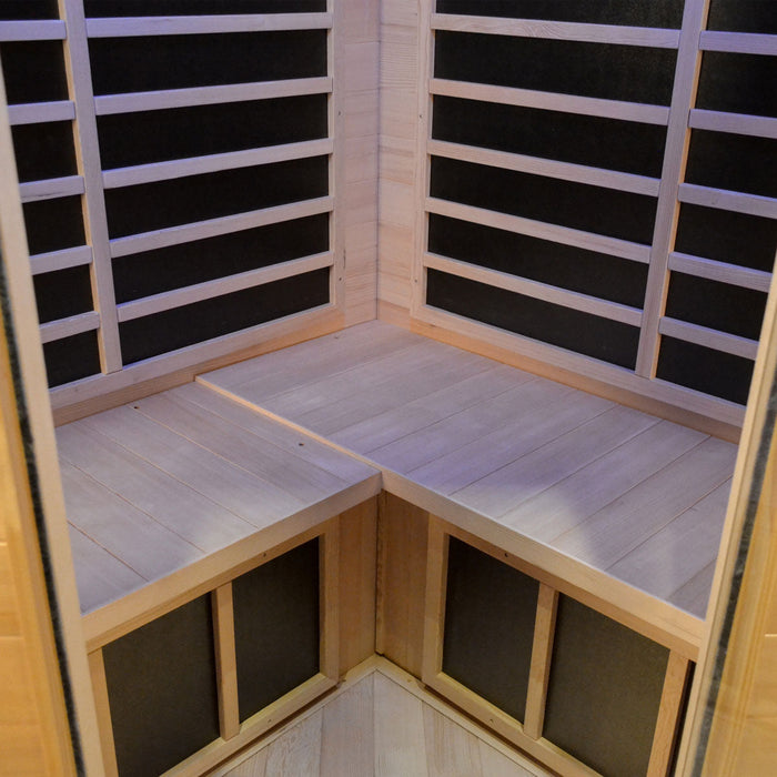 TMG LIVING Three Person Corner Indoor Infrared Sauna Room, Natural Canadian Hemlock, Bluetooth Speakers, Tempered Glass Door, TMG-LSN40