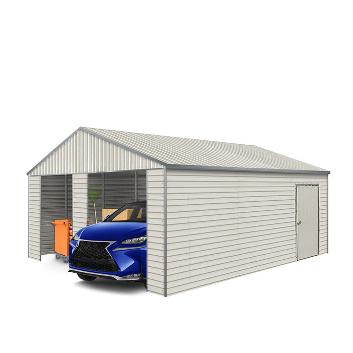 21’ x 19’ Double Garage Metal Shed with Side Entry Door, 400 sq-ft, 8' Eave Height, 27 Ga Corrugated Panels