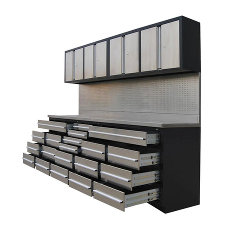 TMG Industrial Pro Series 10-FT 20 Drawer Stainless Steel Workbench Cabinet Combo, Stainless Steel Tabletop, Pegboard and Drawer Fronts, 20 Lockable Drawers, Wall-Mounted Cabinets, Adjustable Shelving, Fully All-in-one Welded Frame, TMG-WBC20DS
